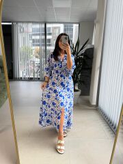 My 3154 Ekru-Saks Çiçekli Viskon Elbise