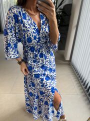 My 3154 Ekru-Saks Çiçekli Viskon Elbise