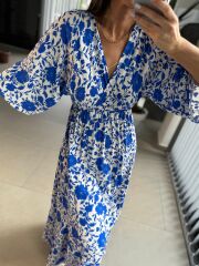 My 3154 Ekru-Saks Çiçekli Viskon Elbise