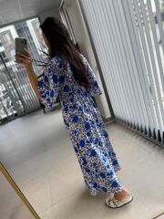 My 3154 Ekru-Saks Çiçekli Viskon Elbise