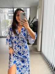 My 3154 Ekru-Saks Çiçekli Viskon Elbise