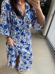 My 3154 Ekru-Saks Çiçekli Viskon Elbise