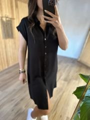 Floş keten siyah gömlek elbise