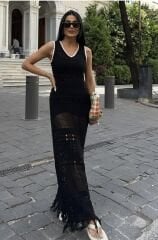 Sv 024321 V Yaka Etek ucu Püsküllü Siyah Triko Elbise