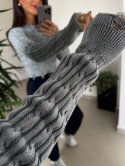 Dm 1233 Örgü Saçaklı Gri Kazak