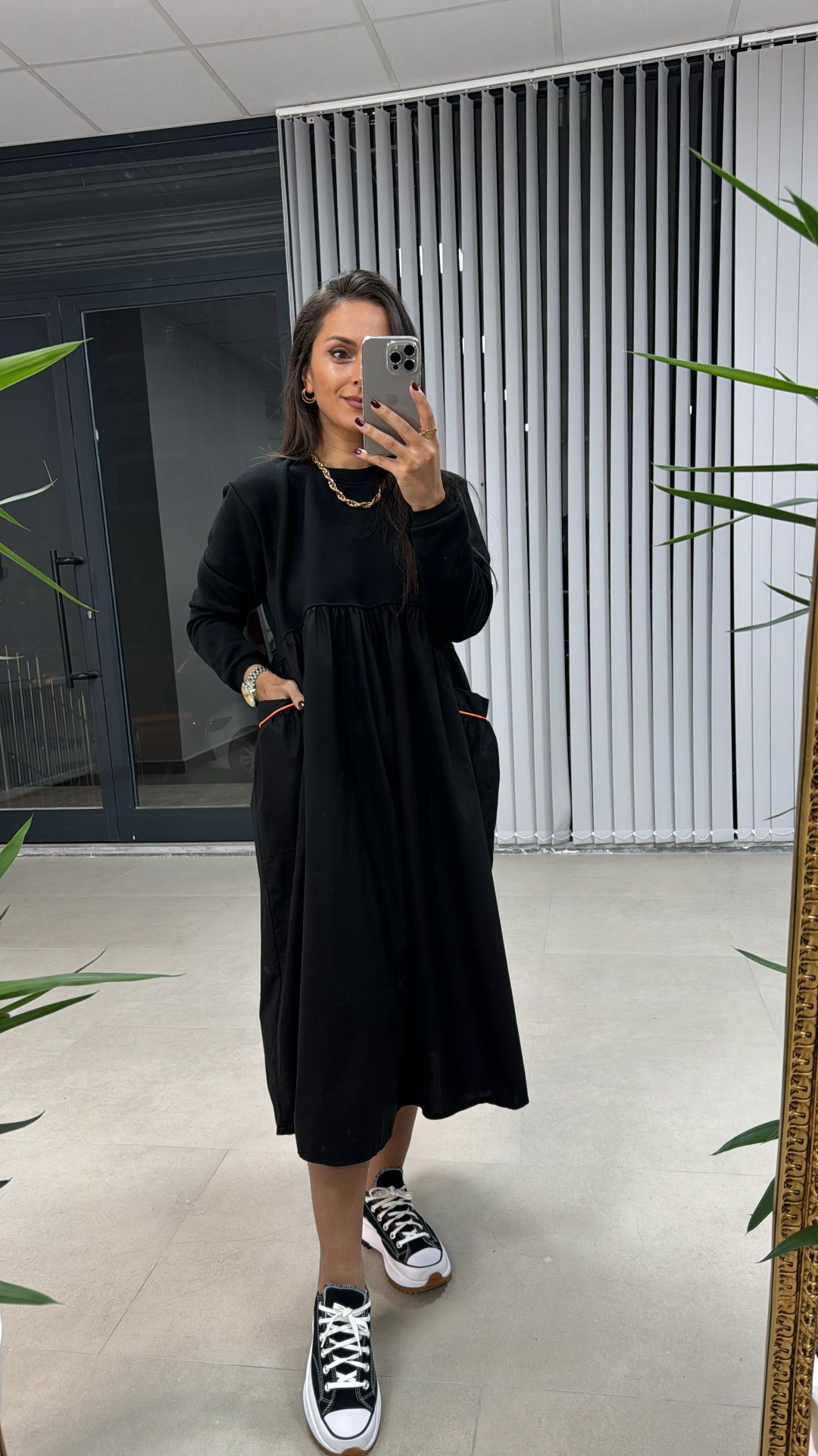 Dr 2497 Turuncu Cep Detaylı Sweat Poplin Elbise