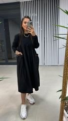 Dr 2497 Turuncu Cep Detaylı Sweat Poplin Elbise