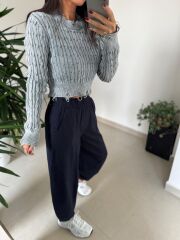 Dm 1233 Örgü Saçaklı Gri Kazak