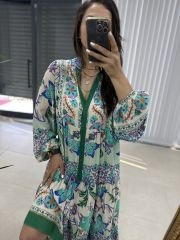 My 3043 Yeşil biye geçişli bohem elbise