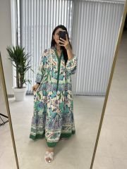 My 3043 Yeşil biye geçişli bohem elbise