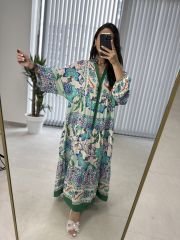 My 3043 Yeşil biye geçişli bohem elbise