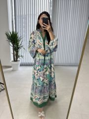 My 3043 Yeşil biye geçişli bohem elbise