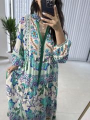 My 3043 Yeşil biye geçişli bohem elbise