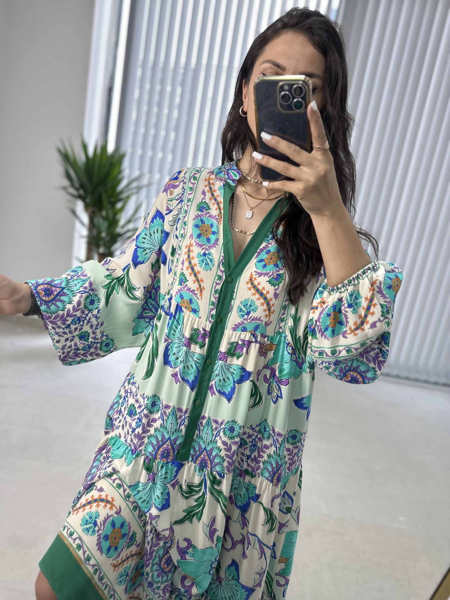 My 3043 Yeşil biye geçişli bohem elbise