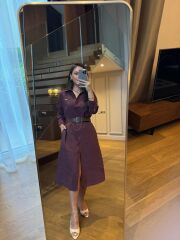 Km 4464 Orj. Marka Kemerli Bordo Gömlek Elbise