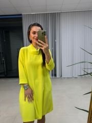 Ms Degaje Yaka Crep Neon Sarı Elbise