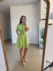 Art 4025 Dört Cepli Fıstık Yeşili Gömlek Elbise
