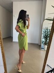 Art 4025 Dört Cepli Fıstık Yeşili Gömlek Elbise