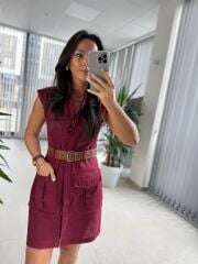 Fw 8100 Bordo Kemerli Gömlek Elbise