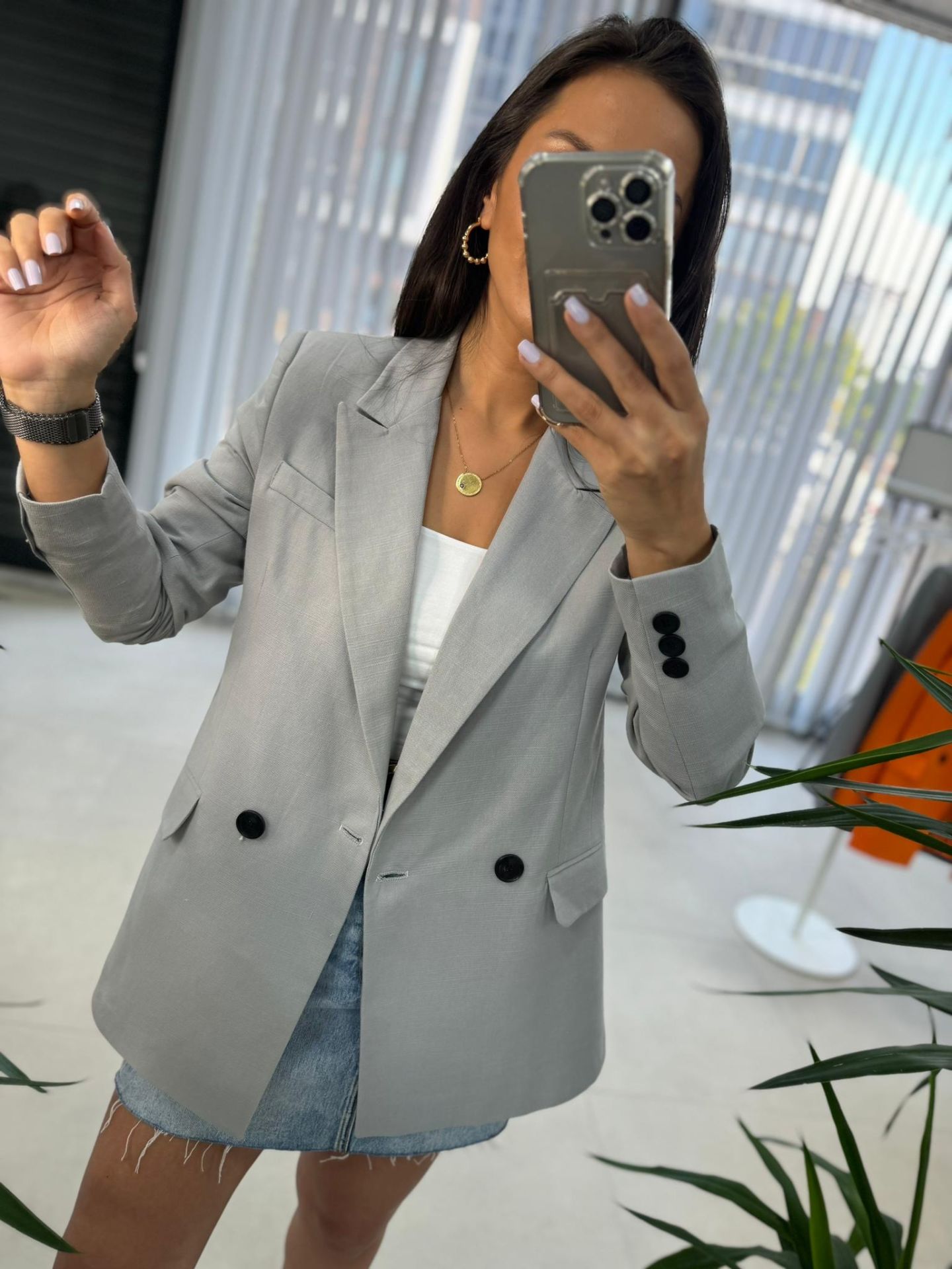 Foo New Açık Gri Keten Blazer Ceket