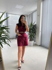 Fw 8100 Bordo Kemerli Gömlek Elbise