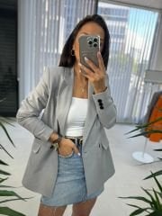 Foo New Açık Gri Keten Blazer Ceket