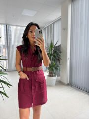 Fw 8100 Bordo Kemerli Gömlek Elbise