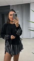 Dr Tasarım Siyah Çizgili Yan Bağlamalı Sweat