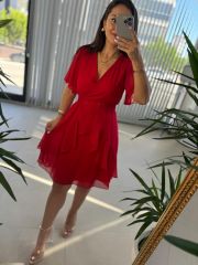 Mc 5723 Red Chiffon Dress with Waist Buttons