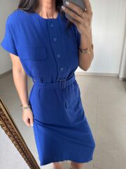 Art 4026 Düğme Detaylı Midi Saks Elbise