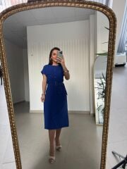Art 4026 Düğme Detaylı Midi Saks Elbise