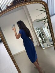 Art 4026 Düğme Detaylı Midi Saks Elbise