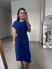 Art 4026 Düğme Detaylı Midi Saks Elbise