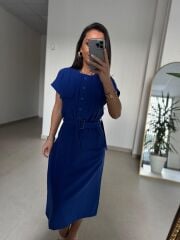 Art 4026 Düğme Detaylı Midi Saks Elbise