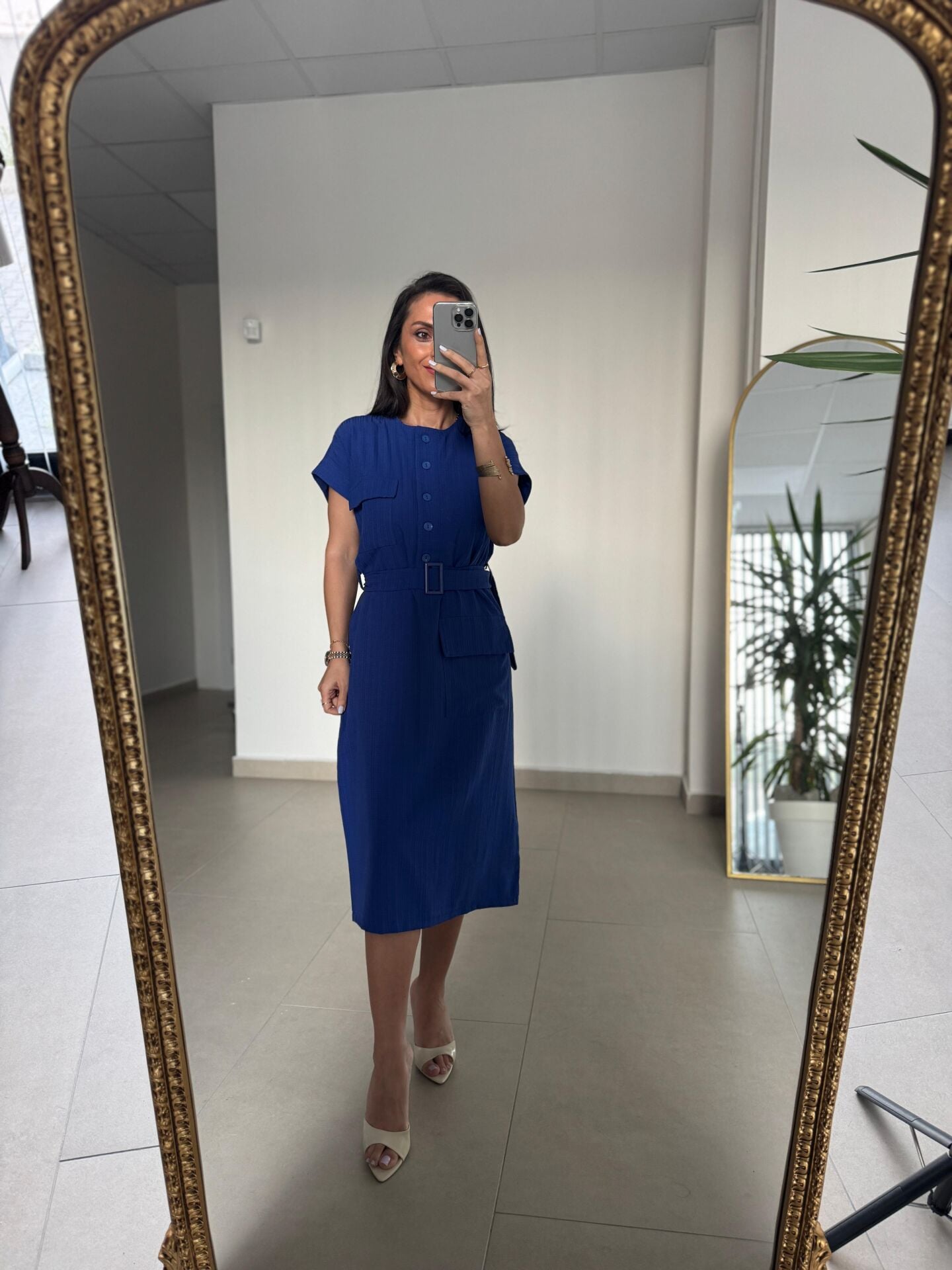 Art 4026 Düğme Detaylı Midi Saks Elbise