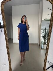 Art 4026 Düğme Detaylı Midi Saks Elbise