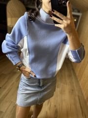 Poplin detaylı mavi triko sweat