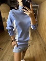 Poplin detaylı mavi triko sweat