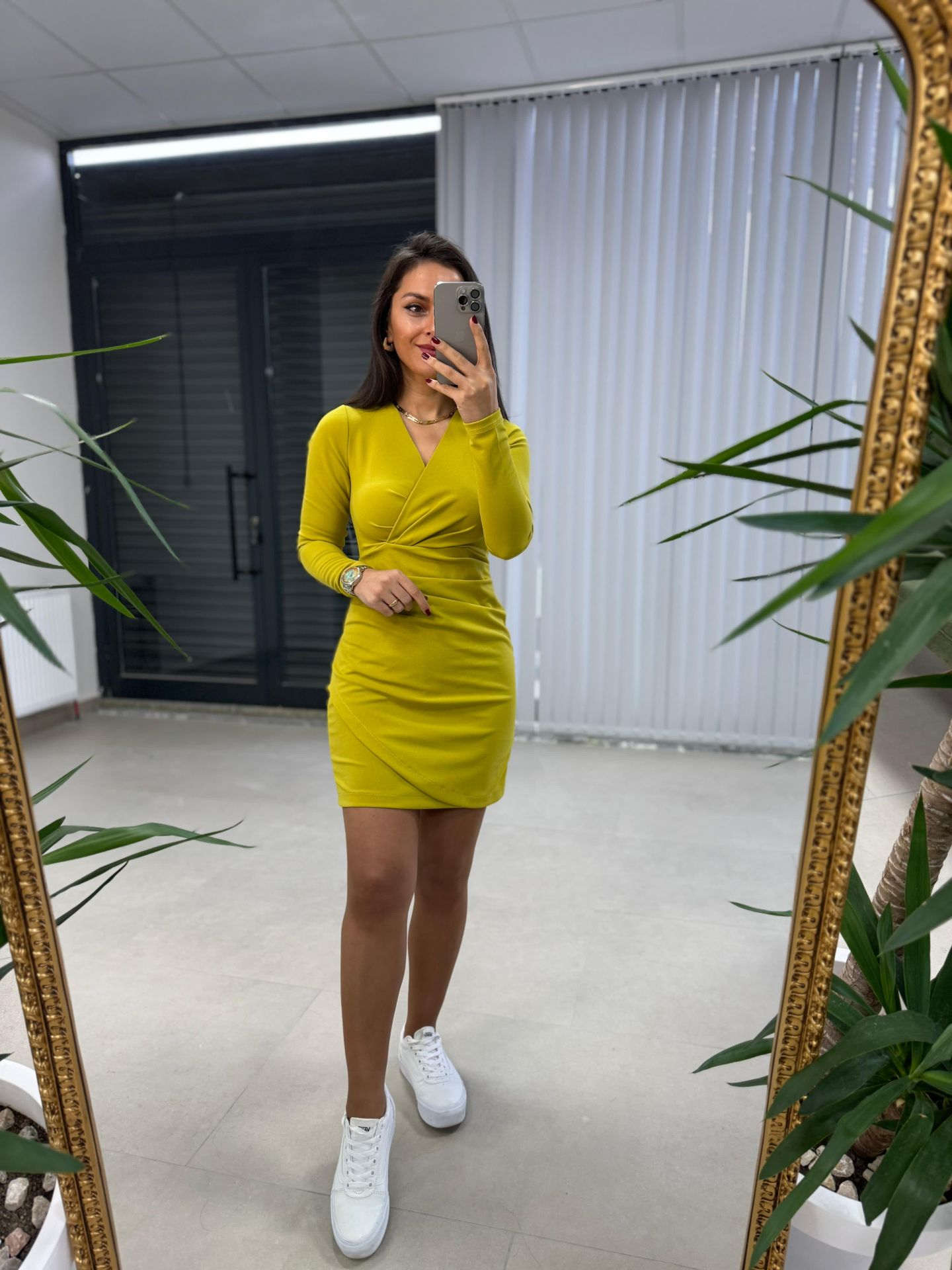 My Yağ Yeşili Anvelop Detaylı Kalem Elbise