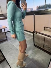 My 3049 Kare Yaka Kemerli Mint Yeşili Elbise