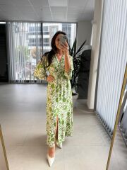 My 3154 Ekru-Yeşil  Çiçekli Viskon Elbise