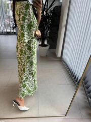 My 3154 Ekru-Yeşil  Çiçekli Viskon Elbise