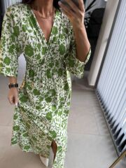 My 3154 Ekru-Yeşil  Çiçekli Viskon Elbise