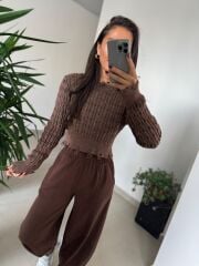 Dm 1233 Örgü Saçaklı Kahve Kazak