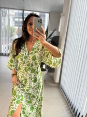 My 3154 Ekru-Yeşil  Çiçekli Viskon Elbise