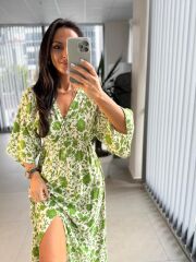 My 3154 Ekru-Yeşil  Çiçekli Viskon Elbise