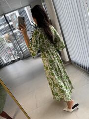 My 3154 Ekru-Yeşil  Çiçekli Viskon Elbise