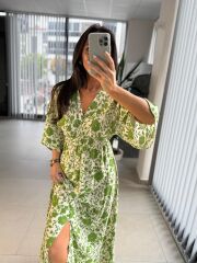 My 3154 Ekru-Yeşil  Çiçekli Viskon Elbise