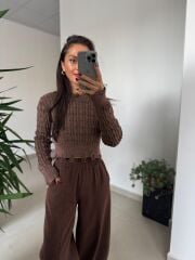 Dm 1233 Örgü Saçaklı Kahve Kazak