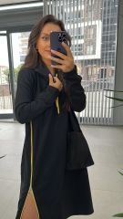 Dr Kapüşonlu Sarı Fermuarlı Sweat Elbise